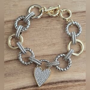14K Gold Plated Metal Link CZ Paved Heart Pendant Toggle Bracelet